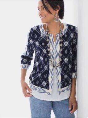Chico’s Ikat Jacquard Blue Diamond Print Open Front Cardigan Size 2 (L/12)